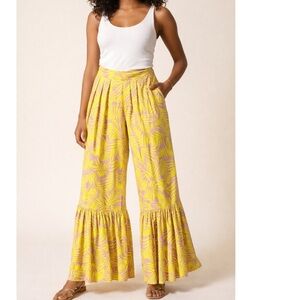 THE KEMIST Tropical Palm Wide-Leg Ruffle Pants Oversized Made in England Sz 12